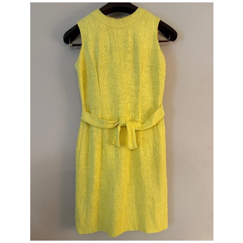 Vintage 60s Bright Yellow Sleeveless Shift Sheath Linen Burlap Dress Small